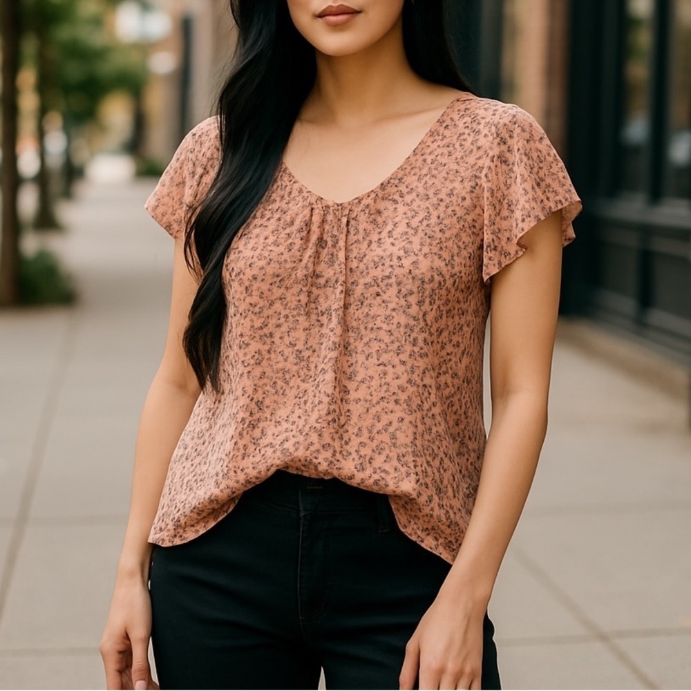 Banana Republic 100% Silk Peach Print Blouse Womens Large Sheer Cap Sleeve Top